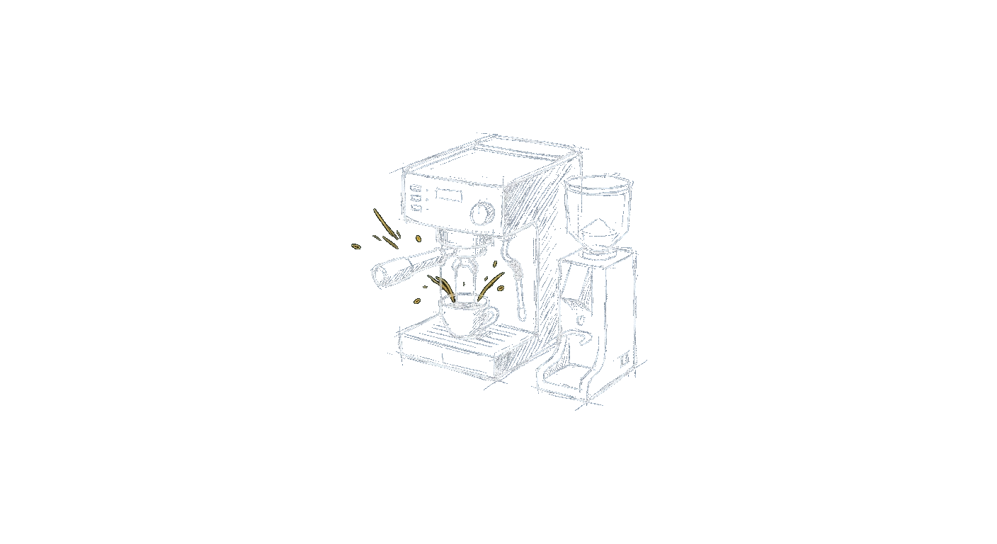 Illustration of a home espresso machine pulling a shot beside a grinder