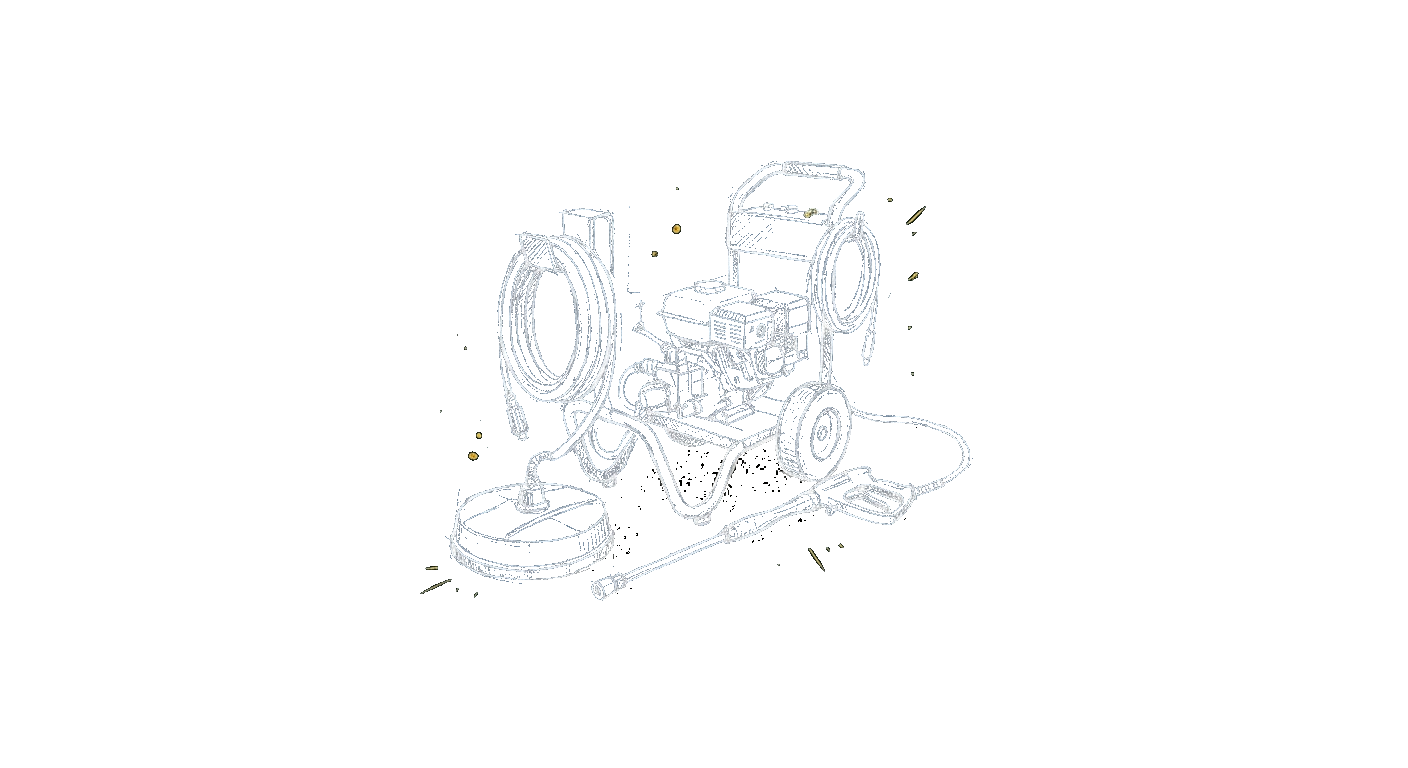 Illustration of a commercial pressure washer rig with a long hose and surface cleaner ready for work